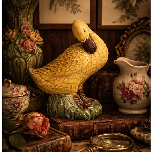 Antique Majolica Yellow Preening Duck Figurine
