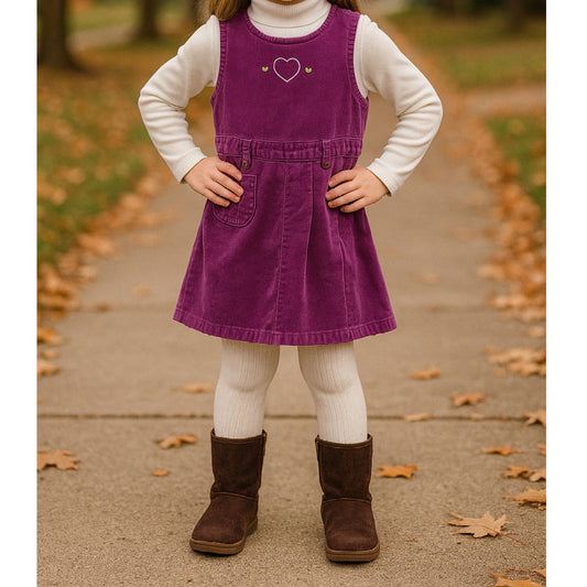 Just Friends Vintage Y2K Purple Corduroy Jumper Dress | Girls Size XL 6X | Embroidered Hearts, Pinafore Cord Dress, 2000s Kidcore Retro