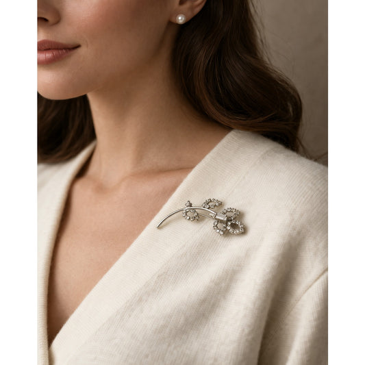 Vintage Mid-Century Silver Rhinestone Floral Brooch / Bridal Accent Pin