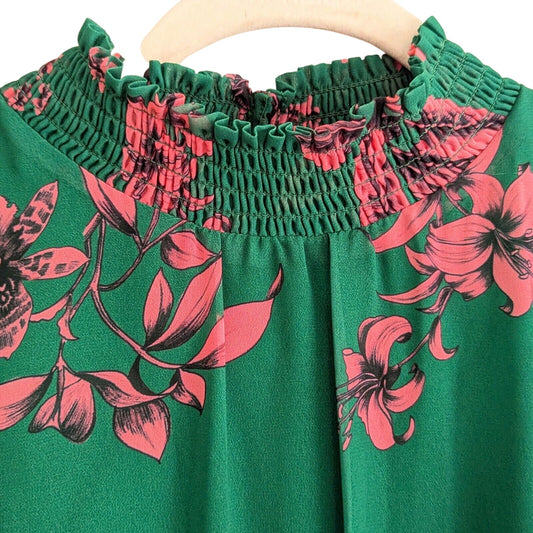 Sam Edelman Green Pink Floral High Neck Ruffle Dress Women's Size 2 Wedding Guest Party Travel