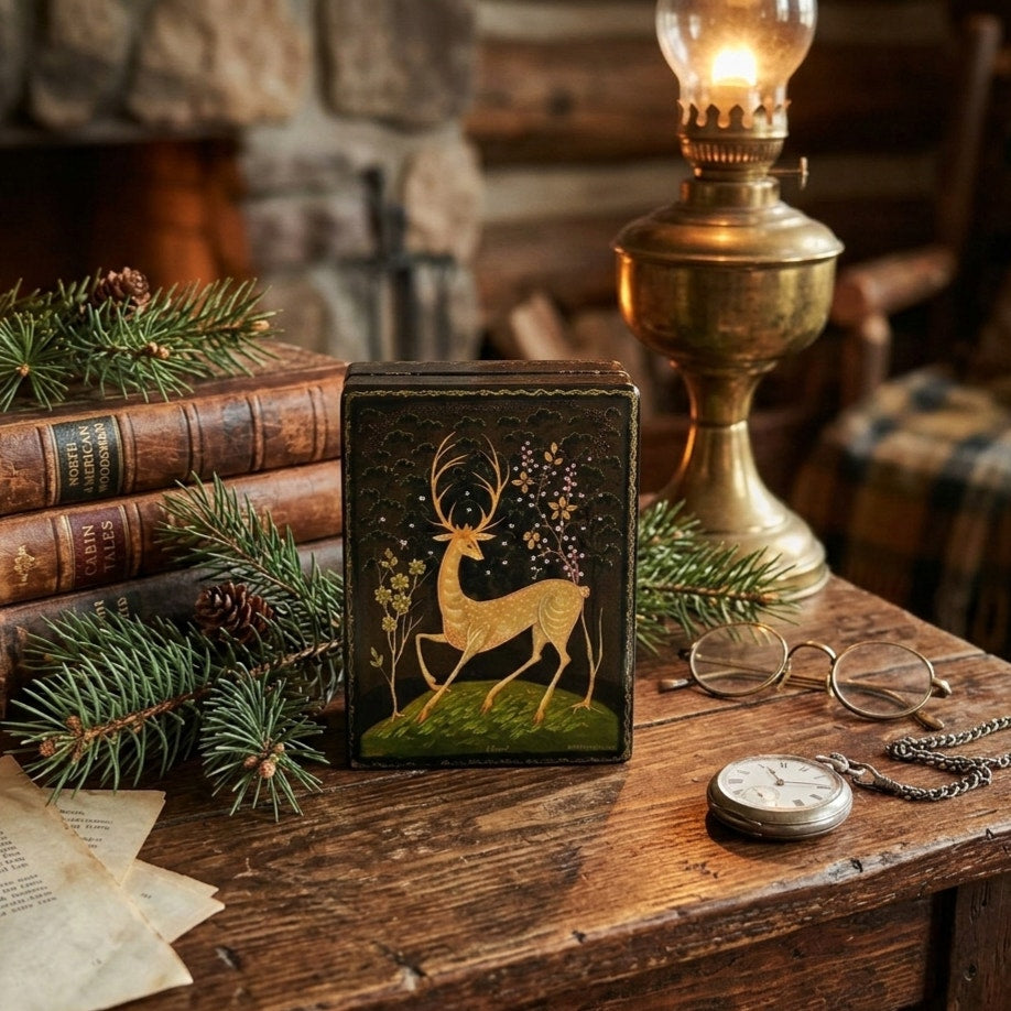 Kholuy Russian Lacquer Miniature Box – Signed & Hand Painted Deer “Lan” Scene