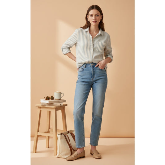 Tomboy Shirt – 100% Organic Cotton, Contrasting Blue Stripes - Women's 6 US | 38 EU