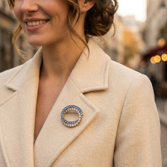 Vintage Sapphire Blue and Diamond Rhinestone Circle Brooch | Mid Century Double Row Wreath Pin