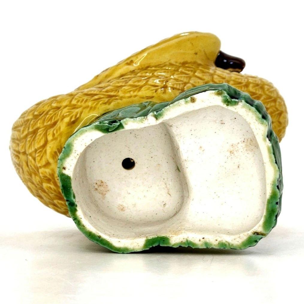 Antique Majolica Yellow Preening Duck Figurine