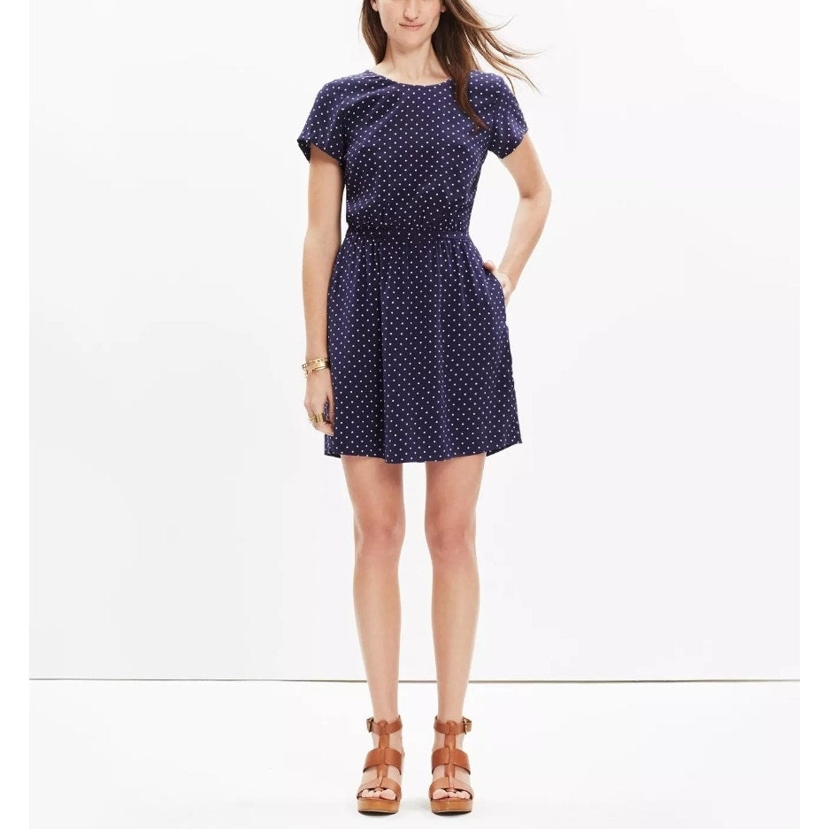 Madewell Silk Cross-Back Dress | Dots & Stars Print | Midnight Blue | Women Size 2 | Short Sleeve Lined Party Brunch Dress