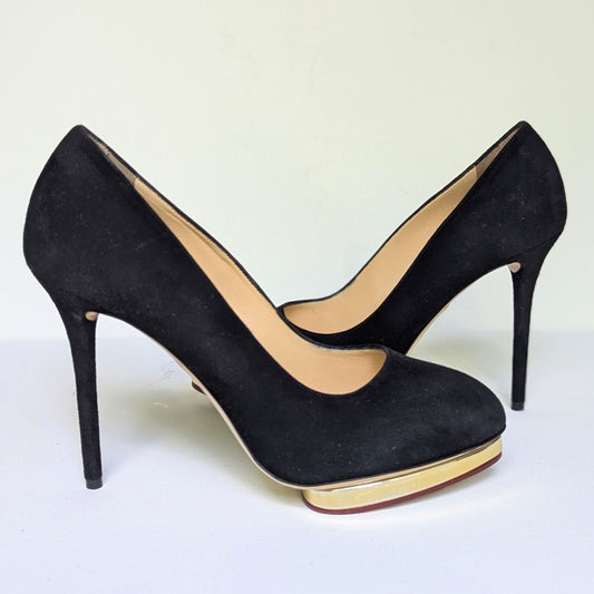 Charlotte Olympia Black Suede & Gold Debbie Pumps Size 39 | 8.5 Made in Italy