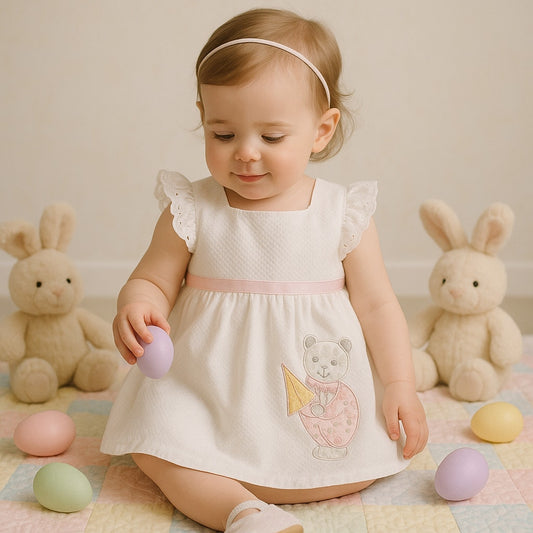 Little Bitty Vintage 1980s Baby Girl Dress 18M – White Waffle Weave with Pink Ribbon, Sailboat & Bear Applique, Eyelet Trim, Made in USA