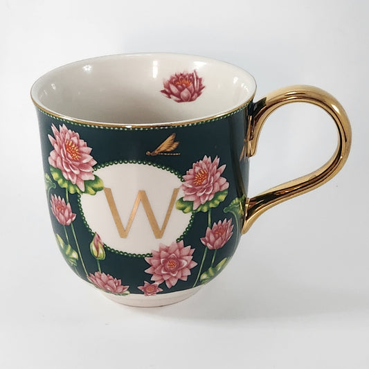 Anthropologie Lou Rota Monogram Mug “W” Green Floral Lotus Design w/ Gold Handle | Home