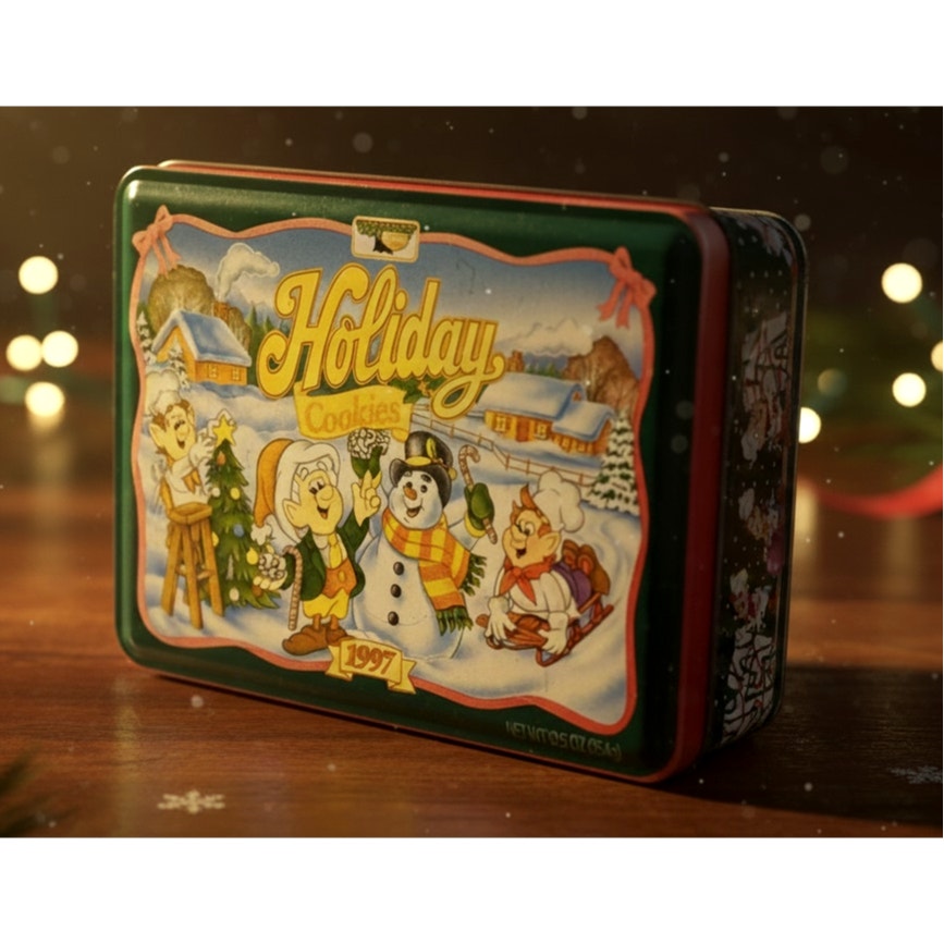 1997 Keebler Holiday Cookies Tin – Christmas Elf & Snowman Design