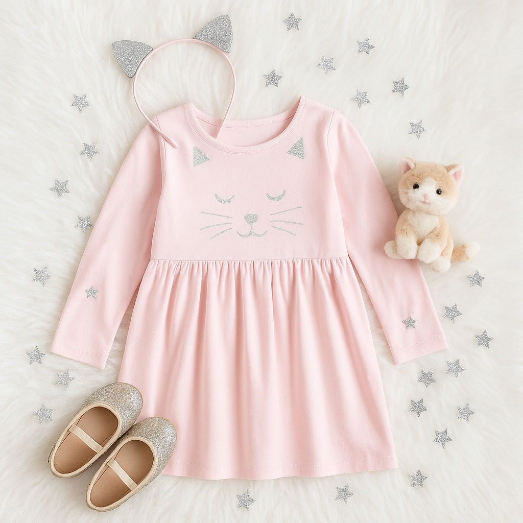 🐱 Hanna Andersson Sparkly Cat Face Dress – Petal Pink Long Sleeve Twirly Dress | Toddler Girls Size 3T