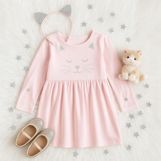 🐱 Hanna Andersson Sparkly Cat Face Dress – Petal Pink Long Sleeve Twirly Dress | Toddler Girls Size 3T