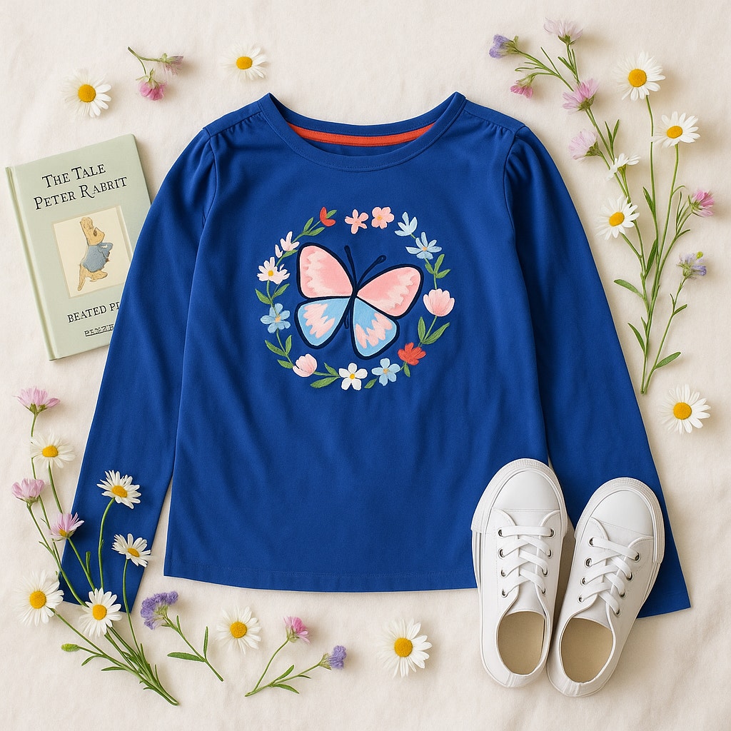 Girls Butterfly Appliqué Long Sleeve Tee in Deep Blue – Size 12 | 150 cm
