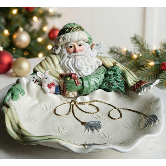 Fitz & Floyd Gregorian Santa Figural Serving Bowl – 14” Round Christmas Centerpiece – Vintage 1990s/2000s