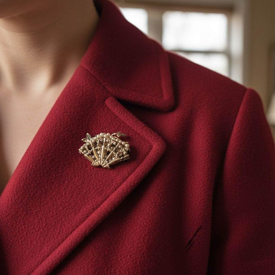 Mid-Century Gold Tone Fan Brooch with Faux Pearls – Ornate Filigree Design