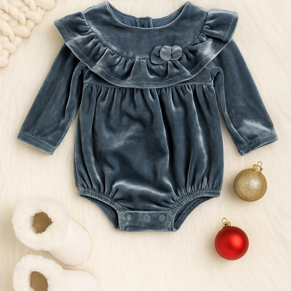 Mud Pie	Blue Velvet Baby Romper | Long Sleeve Ruffle One Piece | NWT | Size 3-6M
