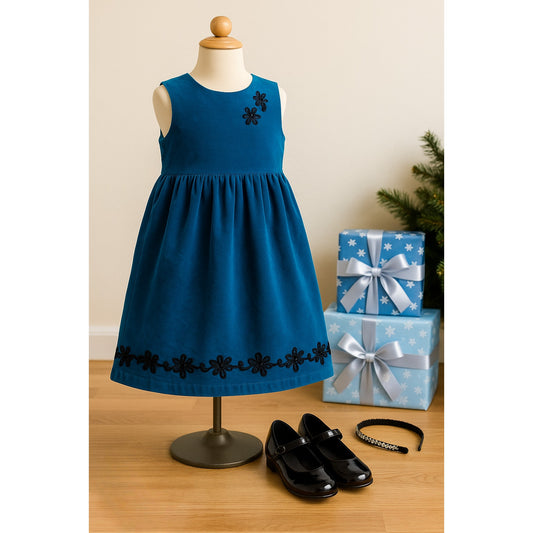 Hanna Andersson Girls Blue Velvet Jumper Dress | Size 130 (6-7) Black Ribbon Floral Detail