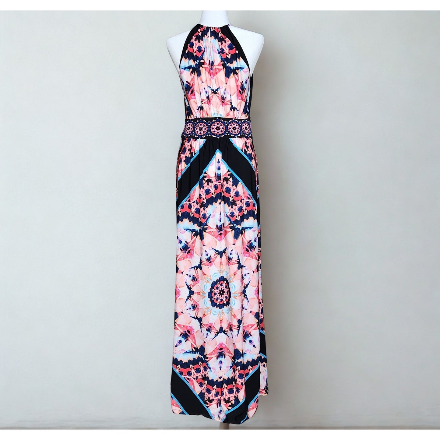 London Times Women's Halter Graphic Ikat Pink & Black Print Maxi Dress Size 10