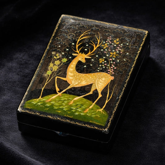 Kholuy Russian Lacquer Miniature Box – Signed & Hand Painted Deer “Lan” Scene