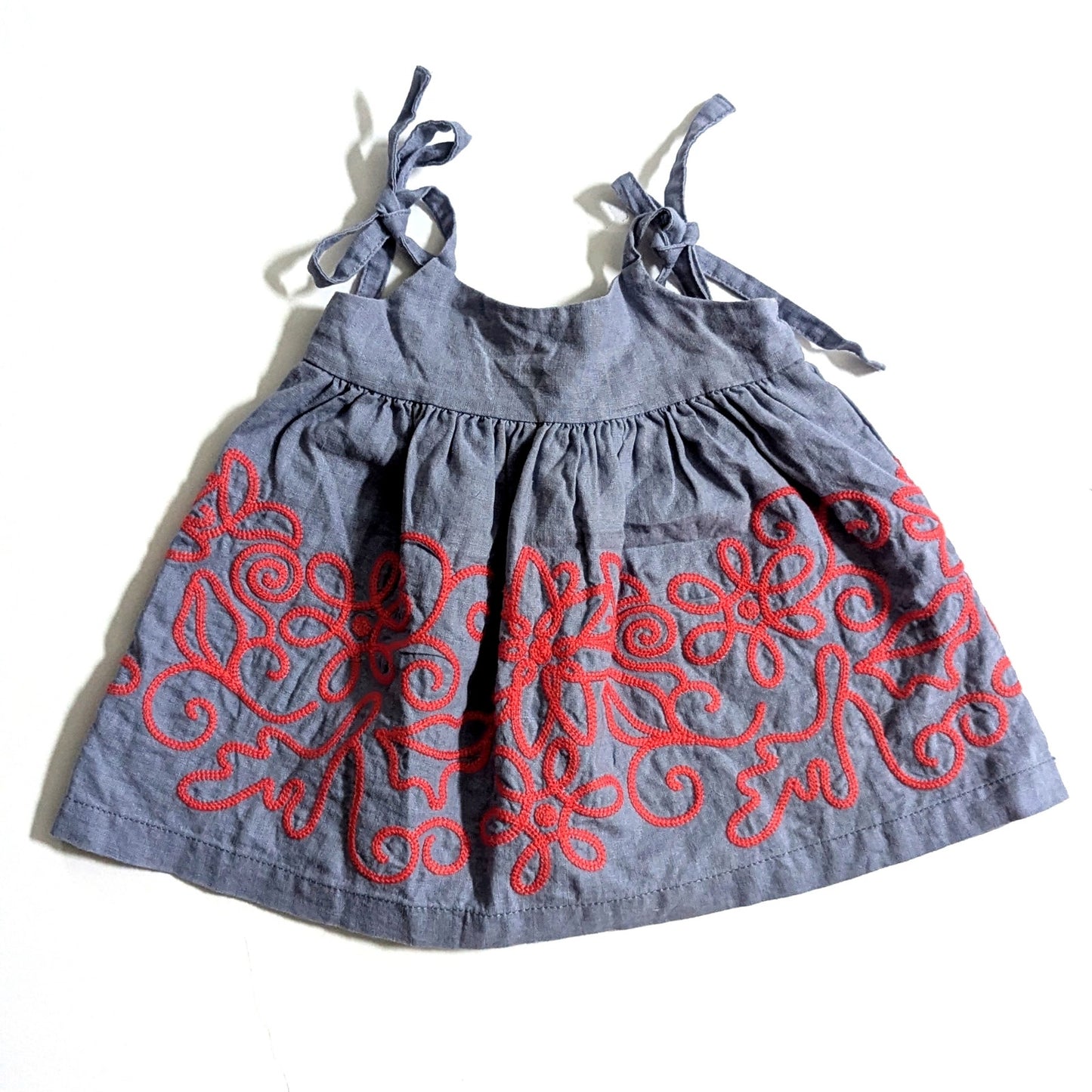 Tea	Collection Linen Blend Blue Chambray Red Embroidered Dress Size 3-6 months