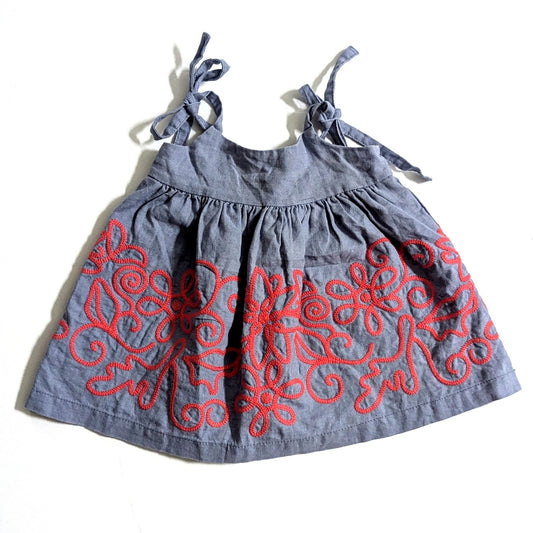 Tea	Collection Linen Blend Blue Chambray Red Embroidered Dress Size 3-6 months