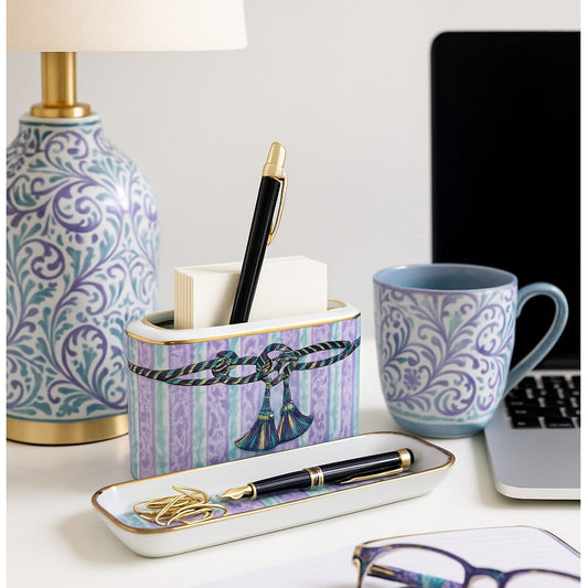Neiman Marcus Desk Set Pen & Note Holder w/ Tray, Lavender & Teal Tassel | Vintage 1990s Home Decor
