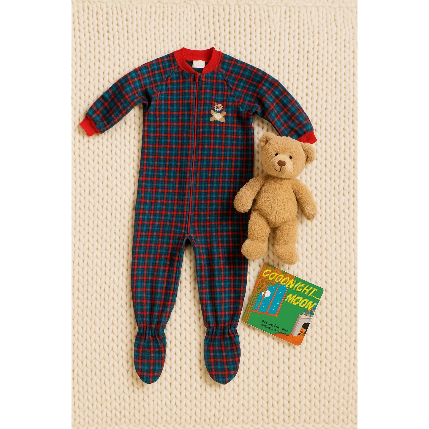 Carter's Vintage 1990s Fleece Footie Pajamas Sleeper Plaid Teddy Bear | Toddler Size 4T