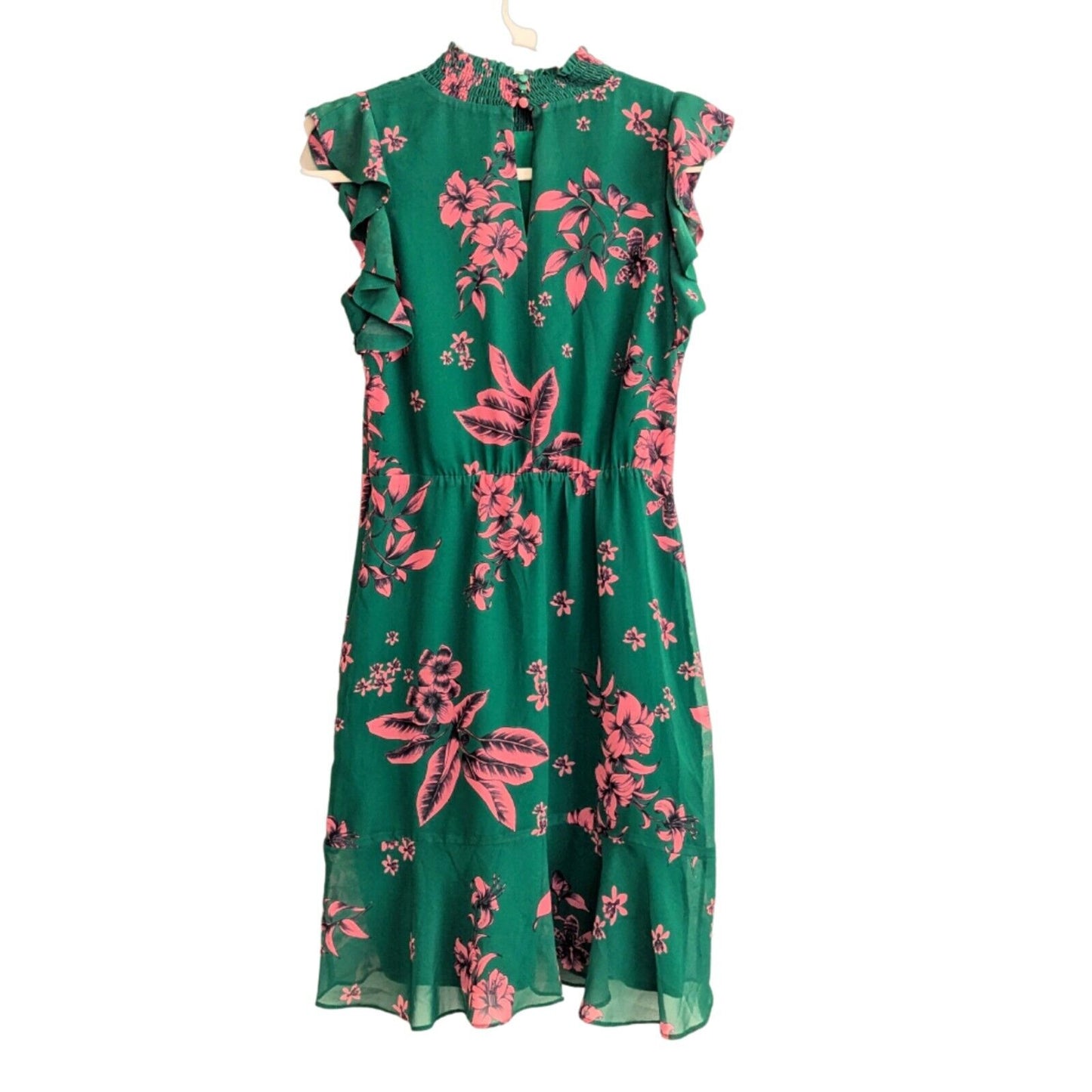 Sam Edelman Green Pink Floral High Neck Ruffle Dress Women's Size 2 Wedding Guest Party Travel
