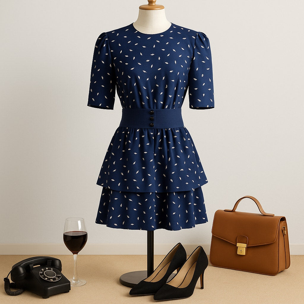 Jenny Vintage 1980s Women's Navy Drop Waist Dress w/ Detachable Flounce Size 12 (fits 8)