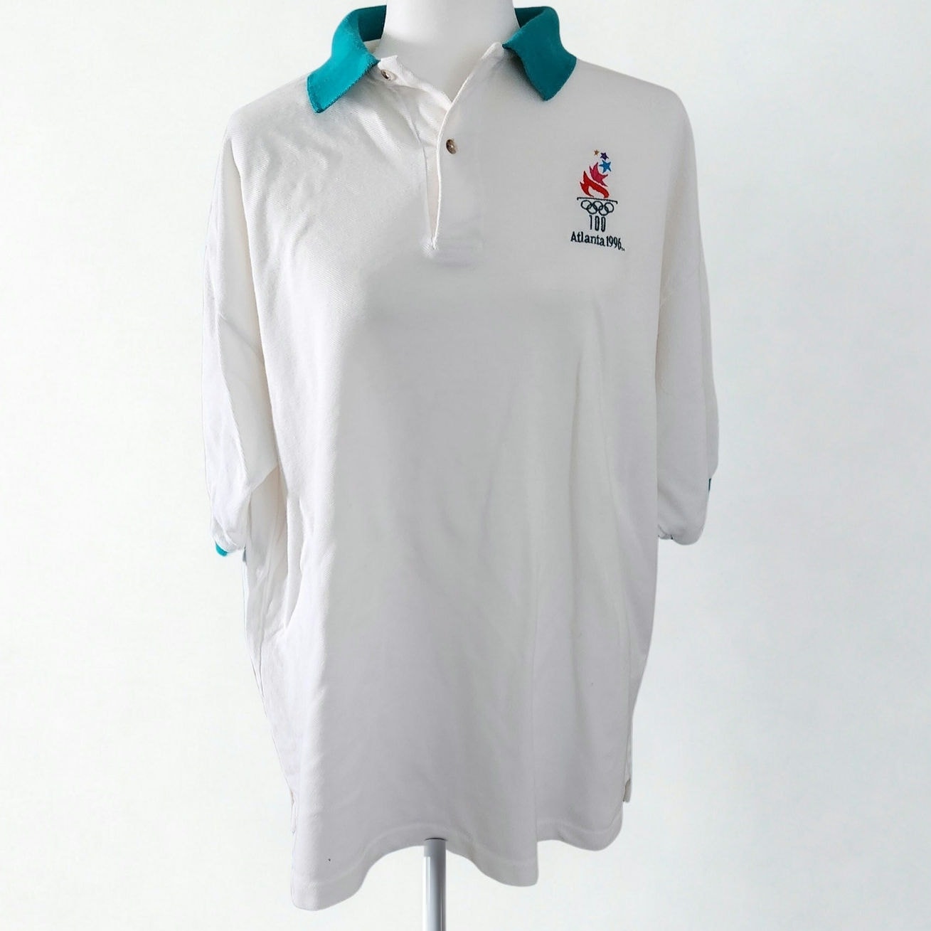 Vintage 1996 Atlanta Olympics White Teal Polo Shirt | Size XL | Hanes USA Official