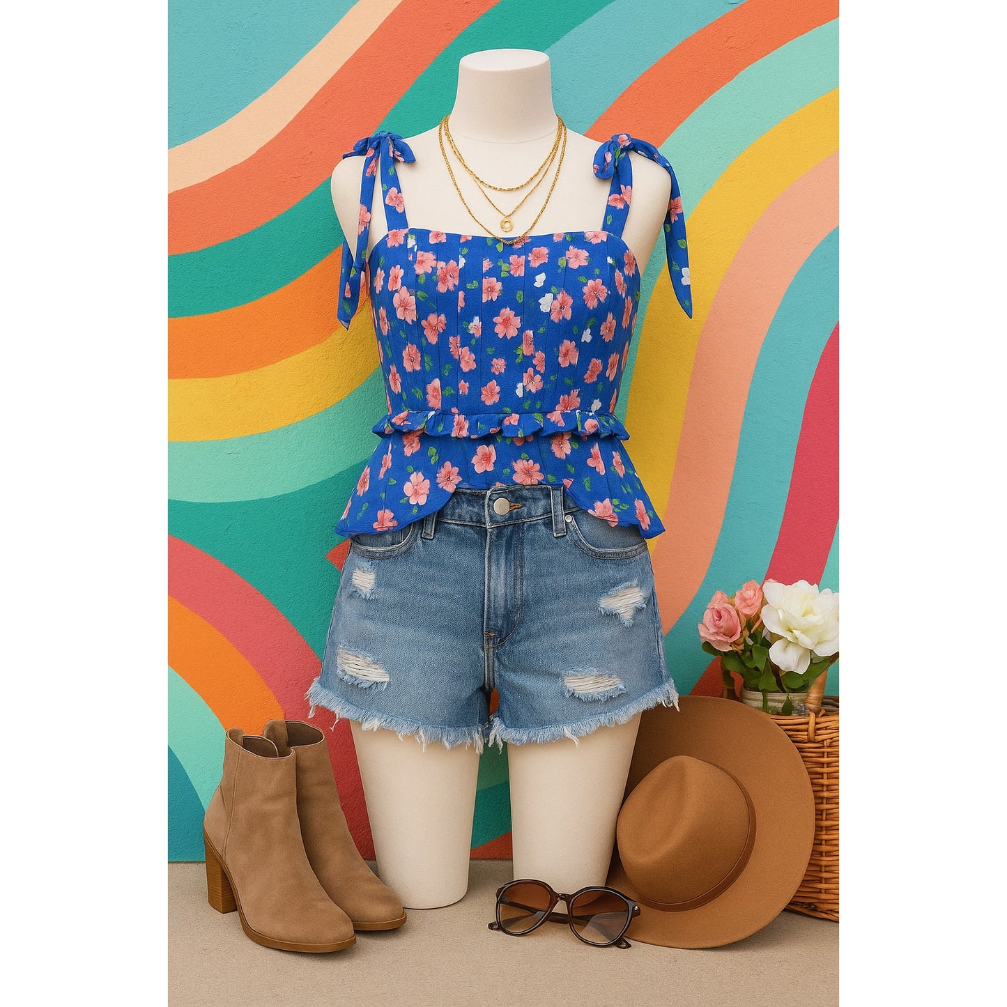 Yumi Kim Women's Blue Floral Tie Strap Peplum Aroma Top Size L