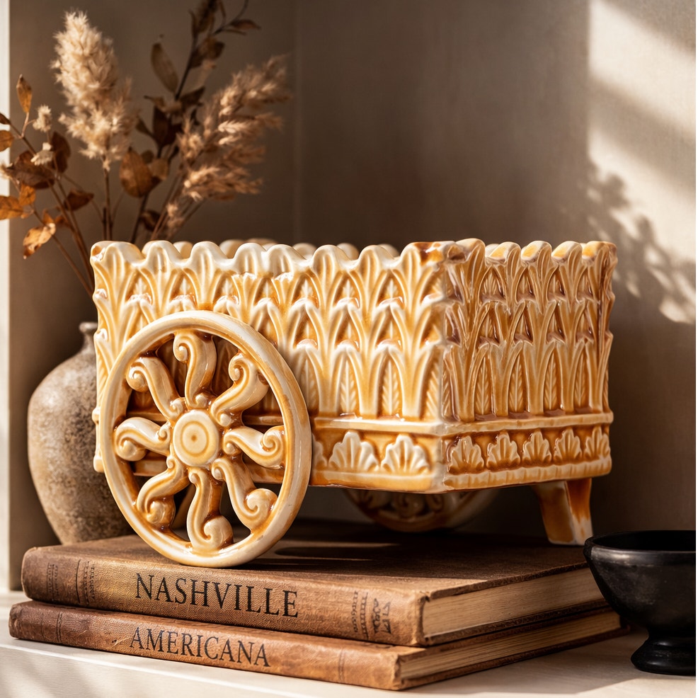 Mid-Century Art Deco Wagon Planter  1940s–1950s Ceramic | Architectural Relief | Honey Glaze