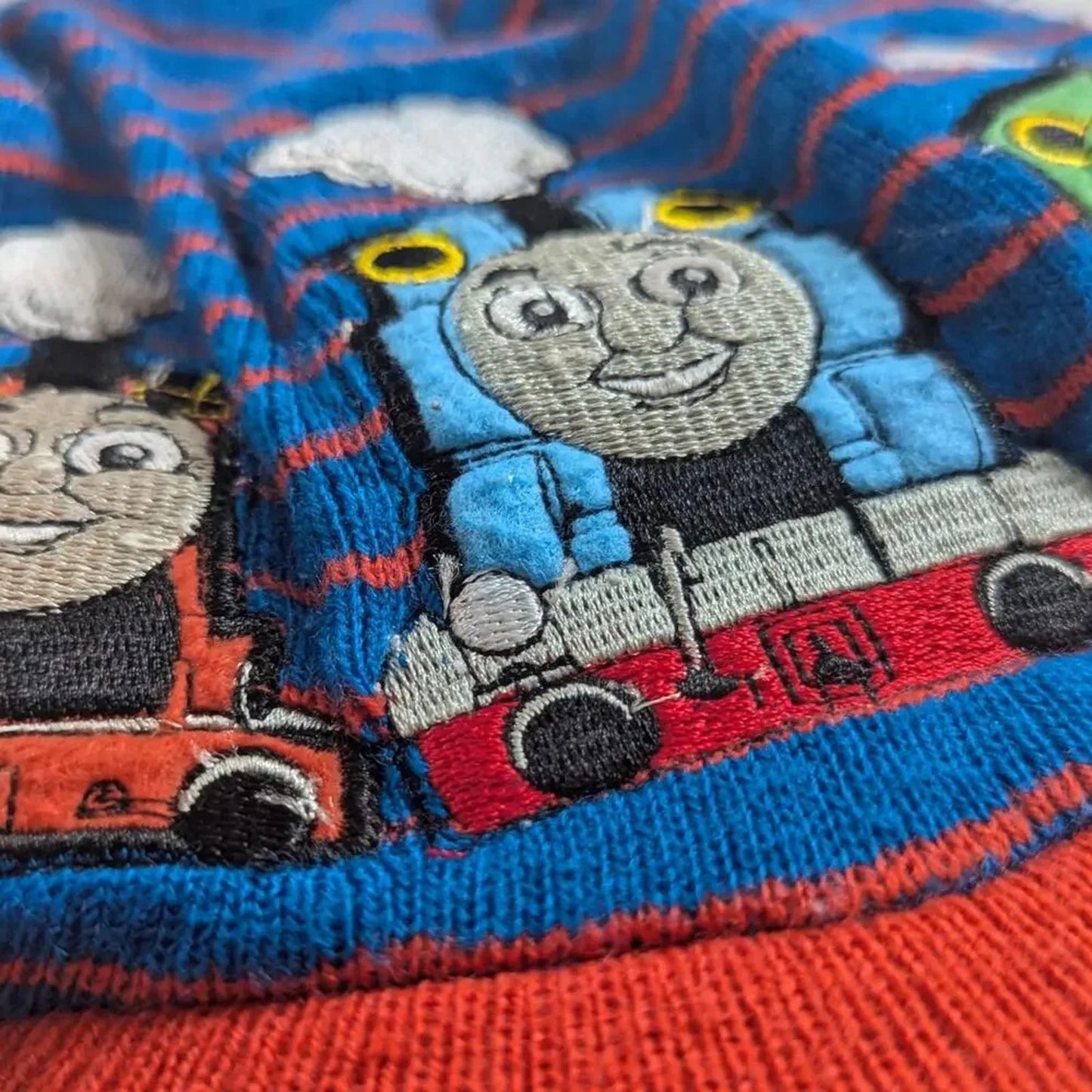 Toddler Knit Brimmed Hat – Blue & Red Trains / Tank Engines