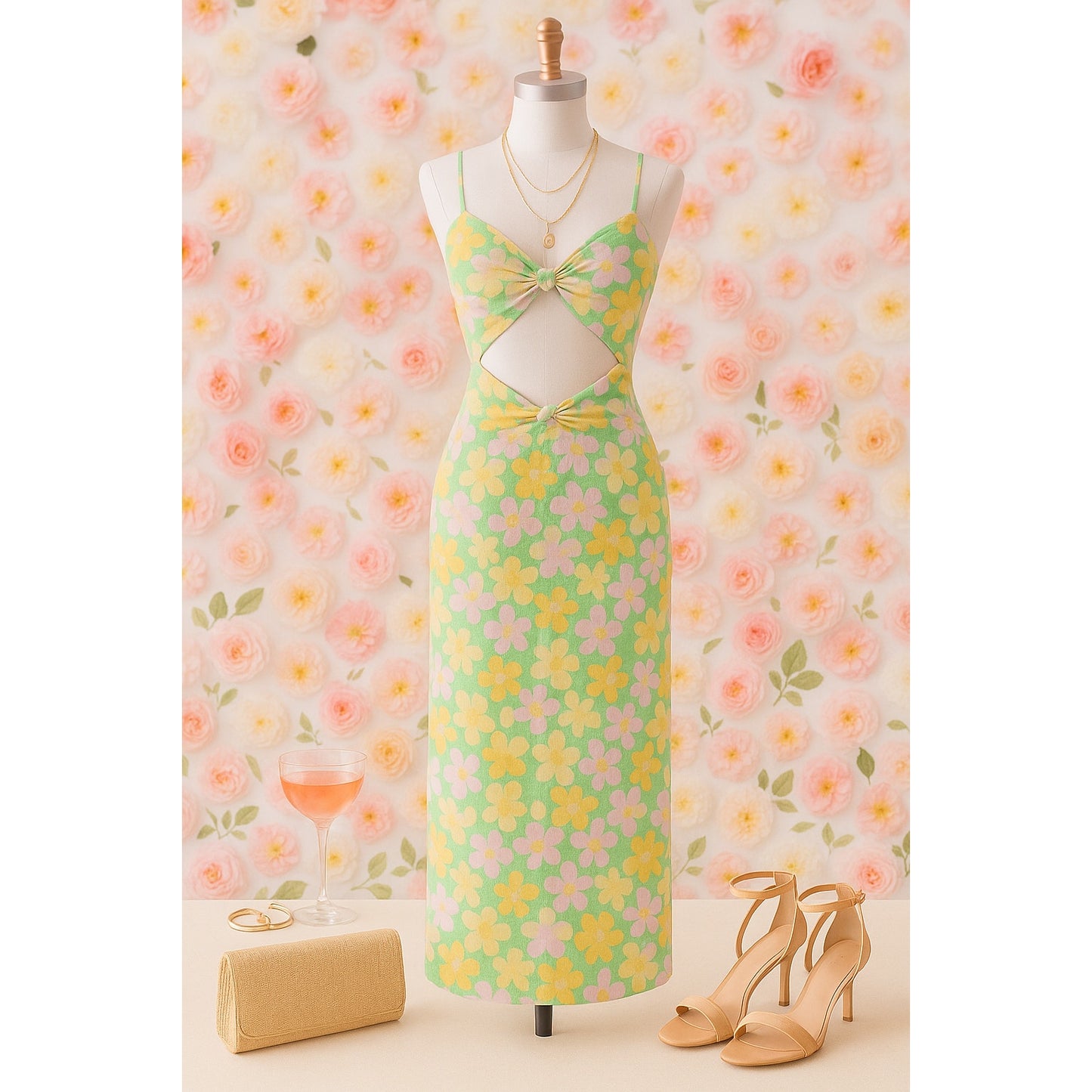 Sabo Skirt Cutout Maxi Dress Women's Size 2 – Retro Floral Print, Knot Front