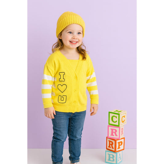 Vintage Carter’s 1980s Kids Sweater | Size 4 / 4T | Yellow & White Striped Zip Cardigan | “I ❤️ You” Sleeve | Made in USA