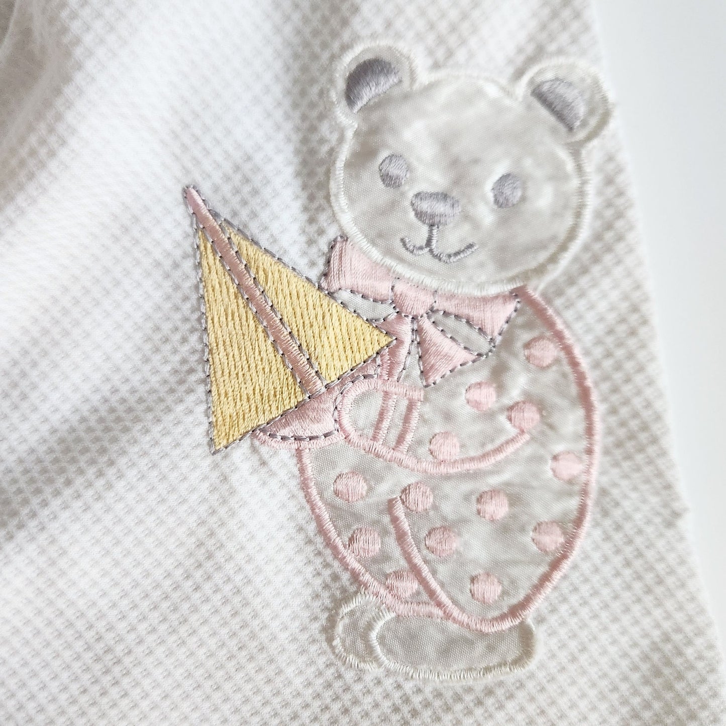 Little Bitty Vintage 1980s Baby Girl Dress 18M – White Waffle Weave with Pink Ribbon, Sailboat & Bear Applique, Eyelet Trim, Made in USA