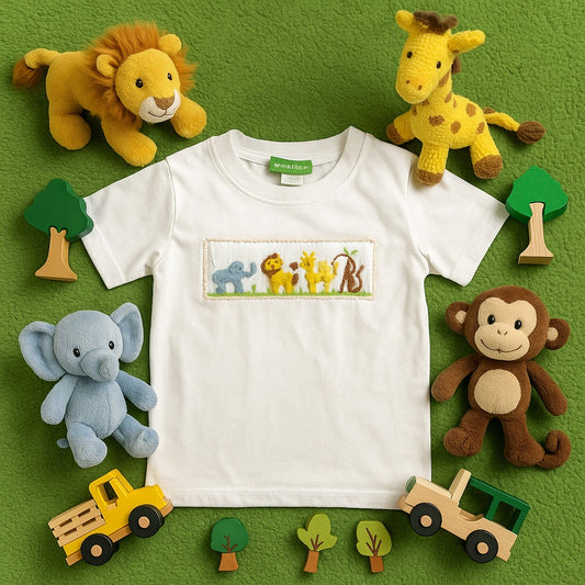 🦁Classic Whimsy Toddler Jungle Animal Smocked Tee – Safari Embroidered Shirt, Kids Size 5