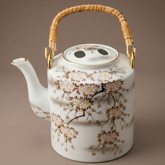 Mid-Century Japanese Cherry Blossom Porcelain Teapot with Rattan Handle | Vintage 1950s