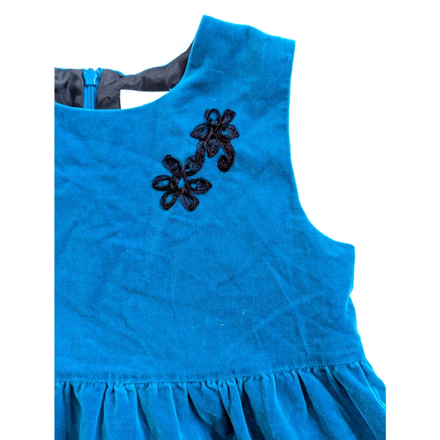 Hanna Andersson Girls Blue Velvet Jumper Dress | Size 130 (6-7) Black Ribbon Floral Detail