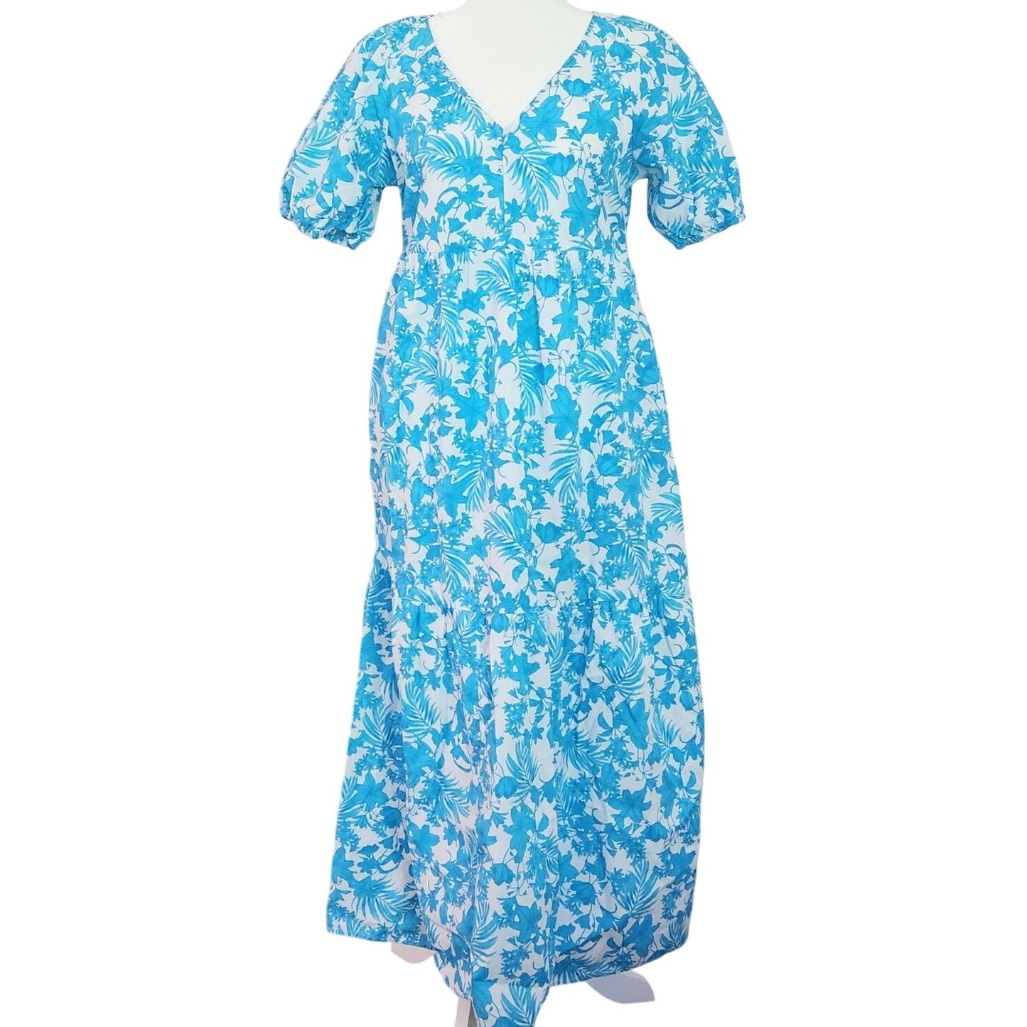 Peyton & Parker Women’s Puff Sleeve Turquoise Floral Maxi Dress XS Cotton Pockets