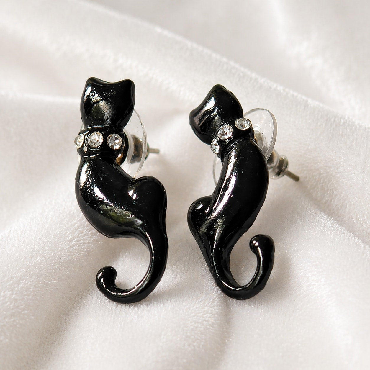 Vintage 1990s Black Cat Stud Earrings with Rhinestone Collar | Costume Halloween