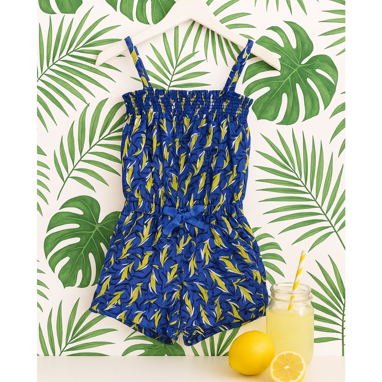 Juicy Couture Girls 12 Romper Cobalt Glow Tropical Print Smocked Bodice NWT