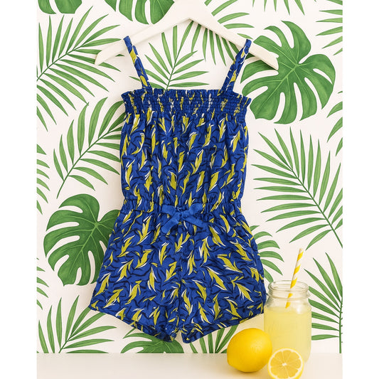 Juicy Couture Girls 12 Romper Cobalt Glow Tropical Print Smocked Bodice NWT