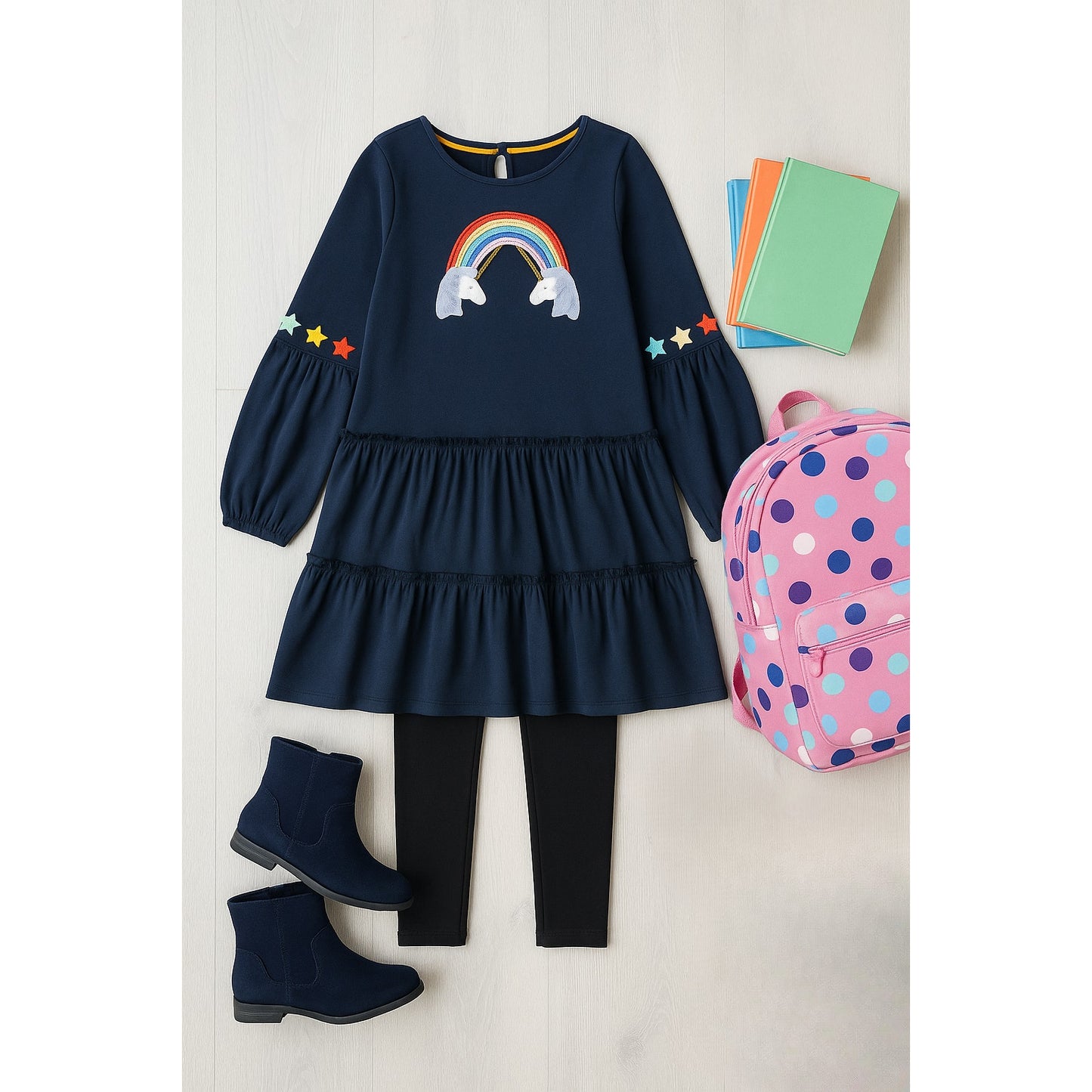 Mini Boden Navy Rainbow Unicorn Appliqué Dress | Girls Size 7-8 (128 cm) | Long Sleeve Tiered Twirl Dress