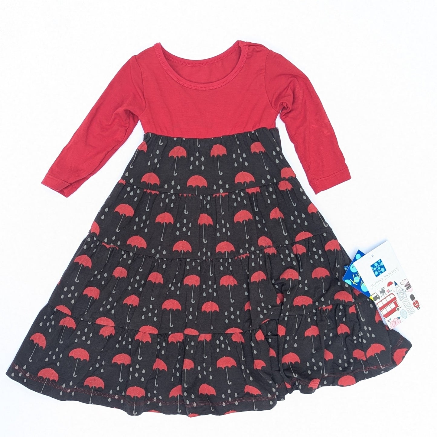 KicKee Baby Bamboo Umbrellas & Rain Clouds Long Sleeve Dress | Size 6-12M | NWT