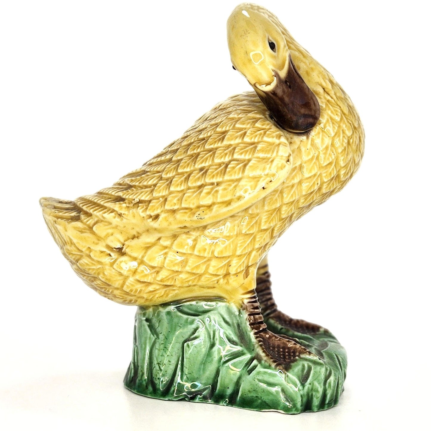 Antique Chinese Porcelain Miniature Yellow Glazed Preening Duck Figurine 1920s