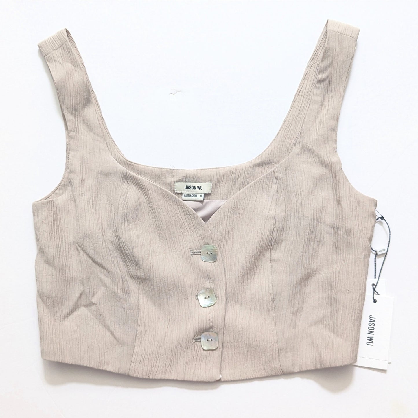 Jason Wu Women's Cropped Button Up Top XS Beige Taupe Crepe Mother of Pearl Buttons NWT