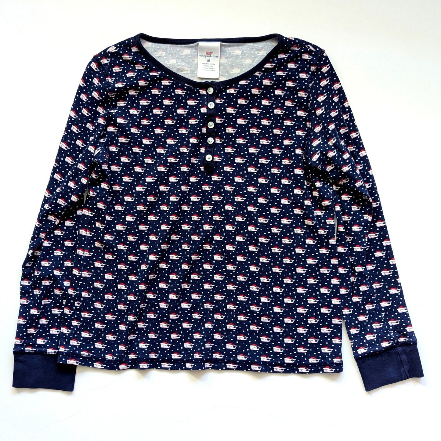 Vineyard Vines Festive Christmas Pajama Henley Top Santa Whale Navy | Women’s M