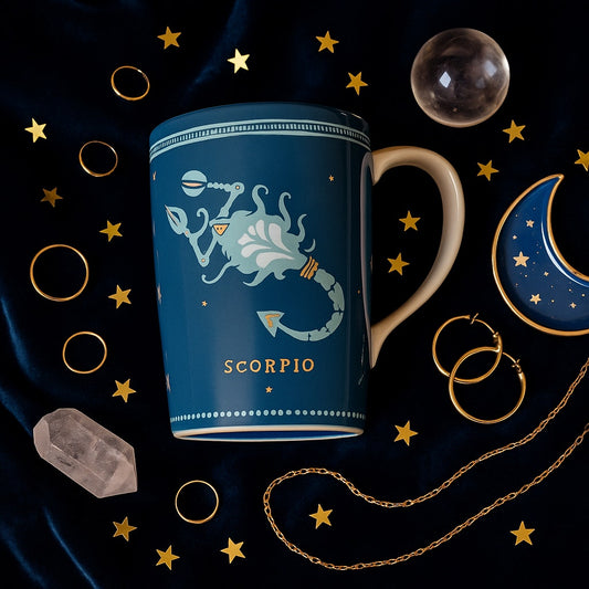 Anthropologie Danielle Kroll Teal & Metallic Gold Zodiac "Scorpio" Mug 14 oz