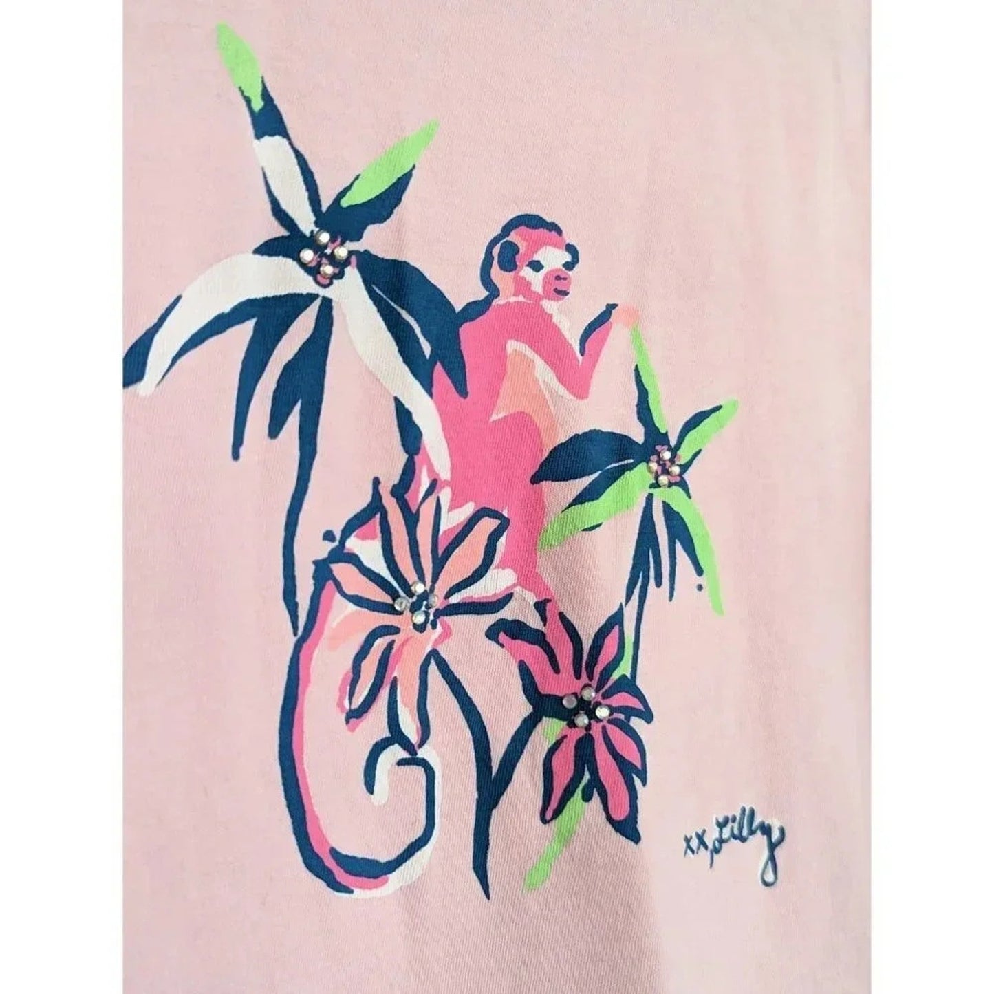 Lilly Pulitzer Girls’ Pink Jeweled Monkey Graphic 3/4 Sleeve Tee | Size M 8-10