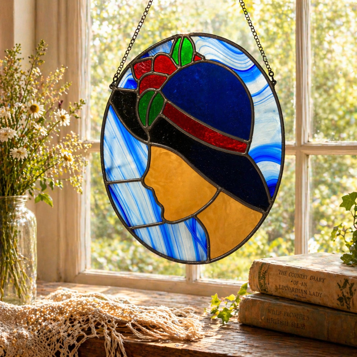 Vintage Art Deco Style Stained Glass Lady Window Hanging
